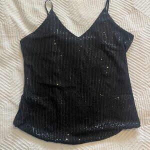 Black Sequin V-neck Spaghetti Strap Tank Top Size L